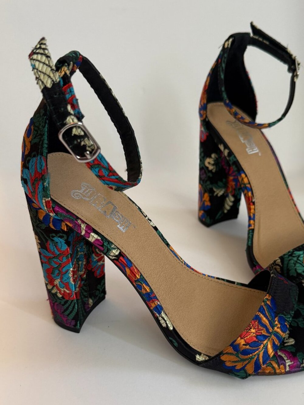 Floral Embroidered Ankle Strap Block Heels | 3.5” Statement Heels